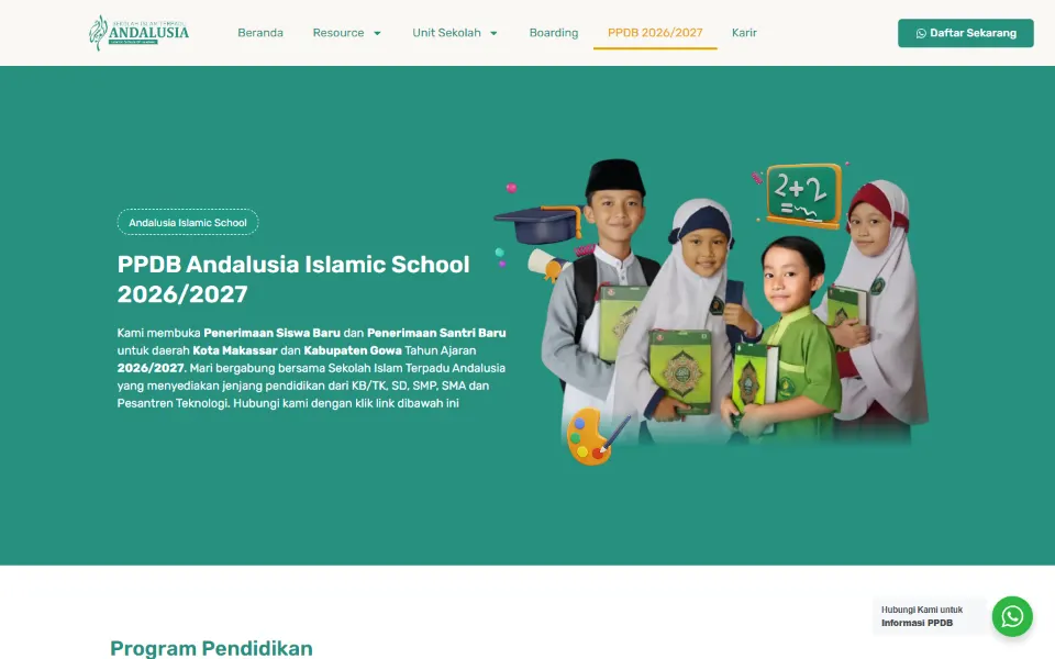 Tampilan desktop PPDB Andalusia Islamic School
