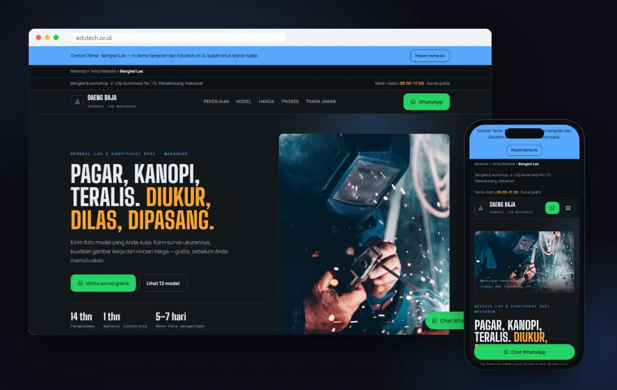 Mockup website Tema Bengkel Las karya Edutech