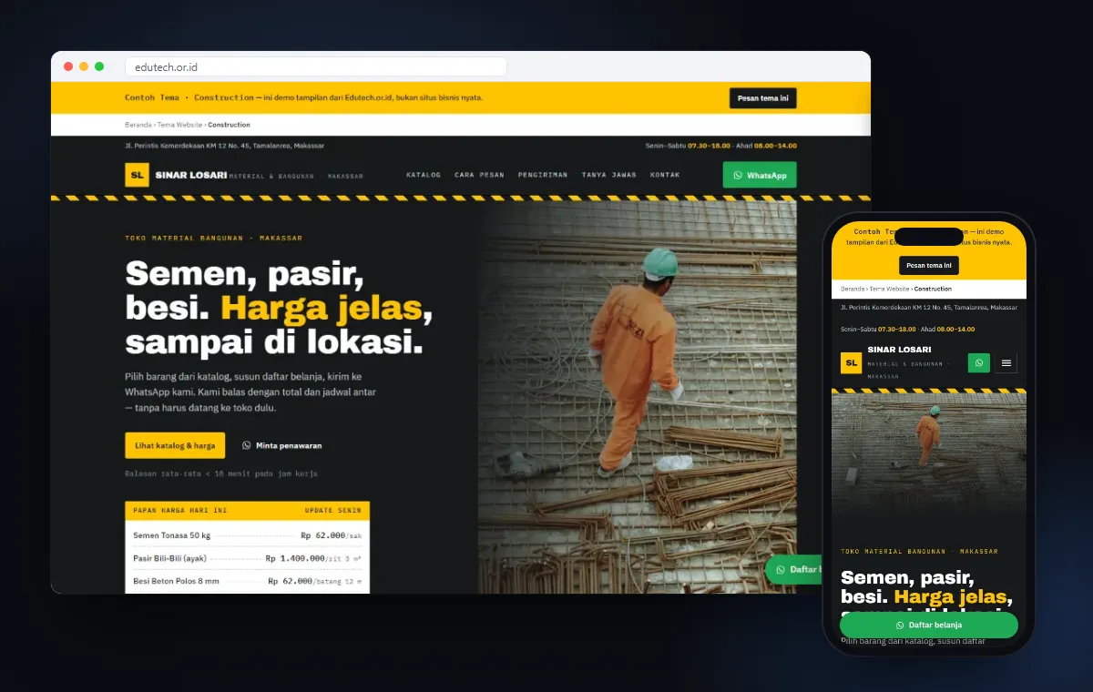 Mockup website Tema Toko Bangunan karya Edutech