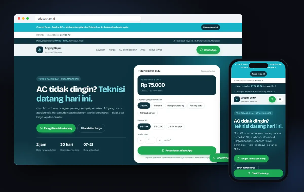 Mockup website Tema Service AC karya Edutech