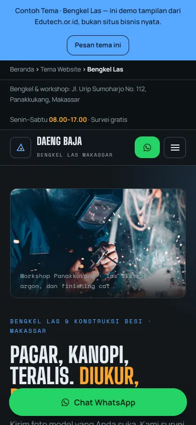 Tampilan mobile Tema Bengkel Las