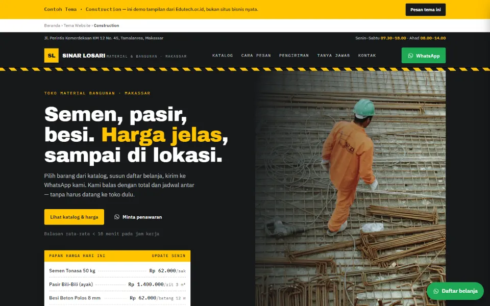 Tampilan desktop Tema Toko Bangunan